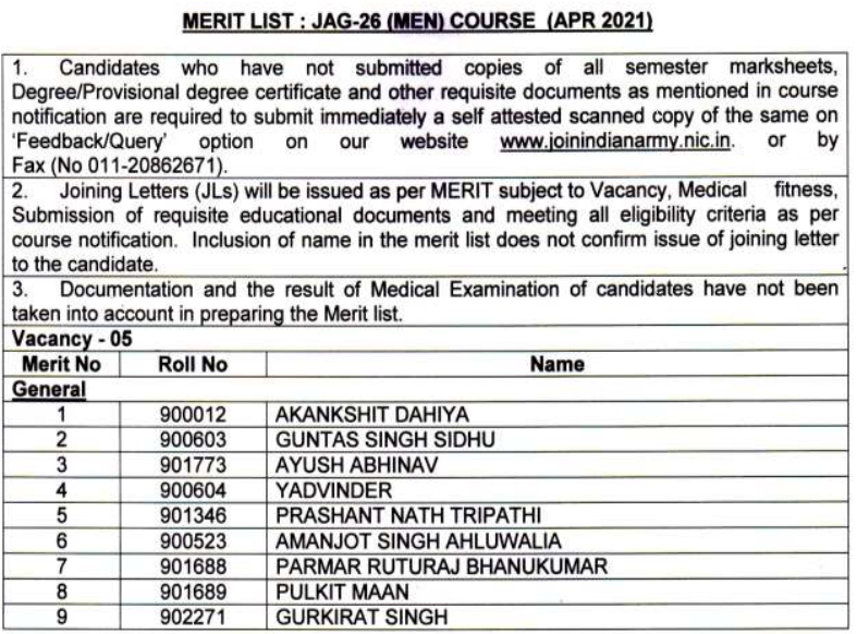 JAG 26 Merit List 