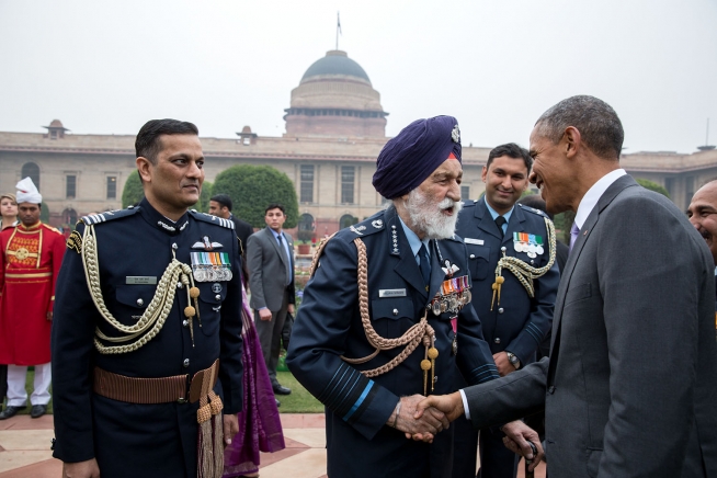 President Obama greets Arjan Singh Marshal of the Indian Air Force