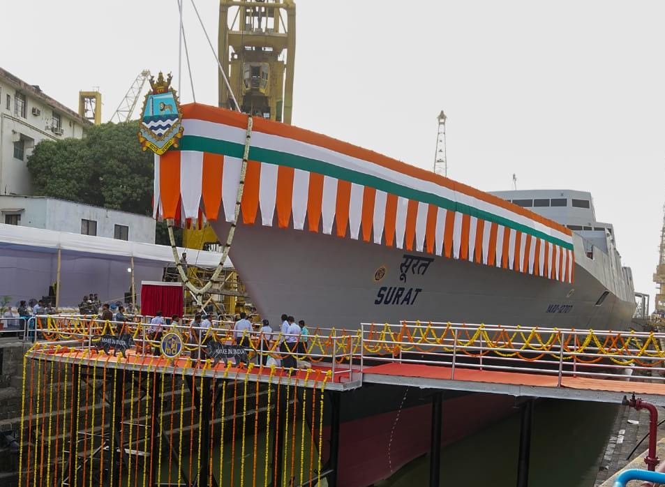 raksha mantri launches two indigenous frontline warships surat guided missile destroyer and udaygiri stealth frigate 1