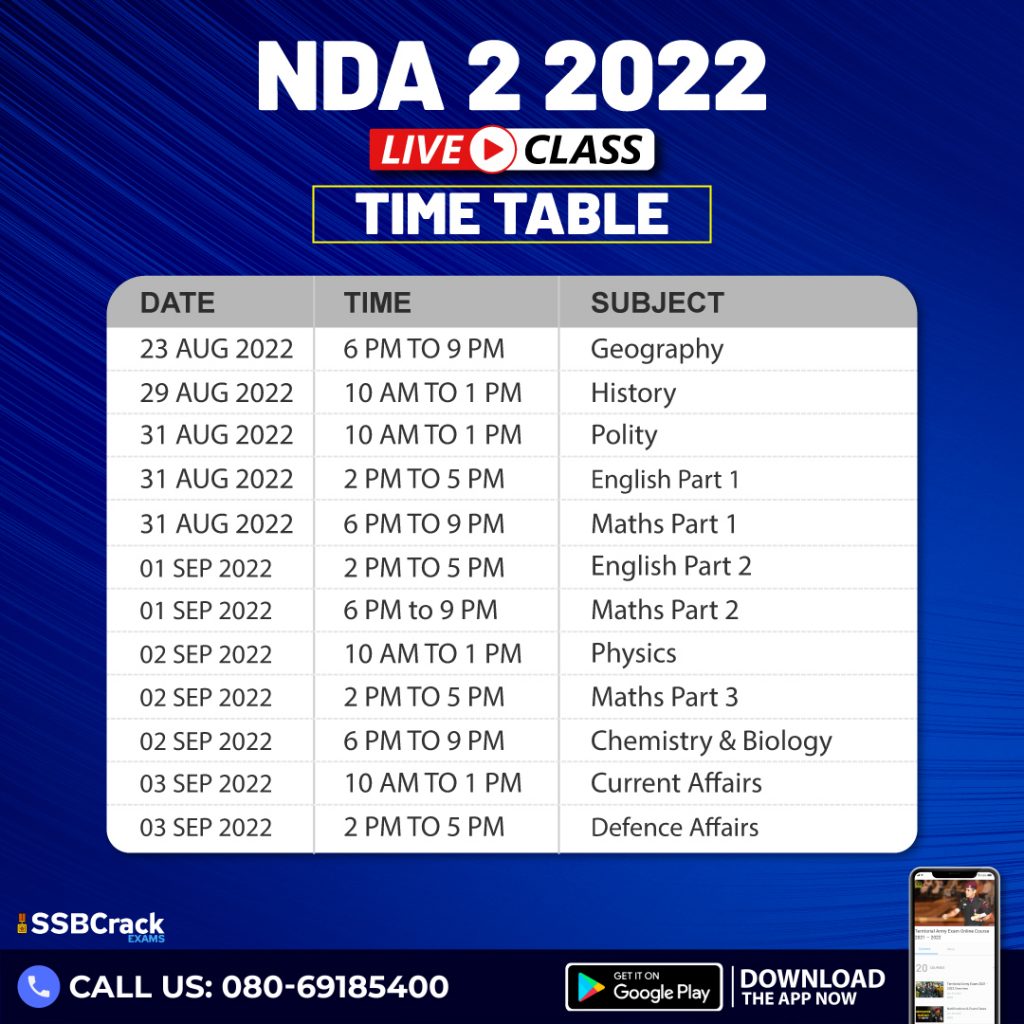 NDA 2 2022 LIVE Class Time Table