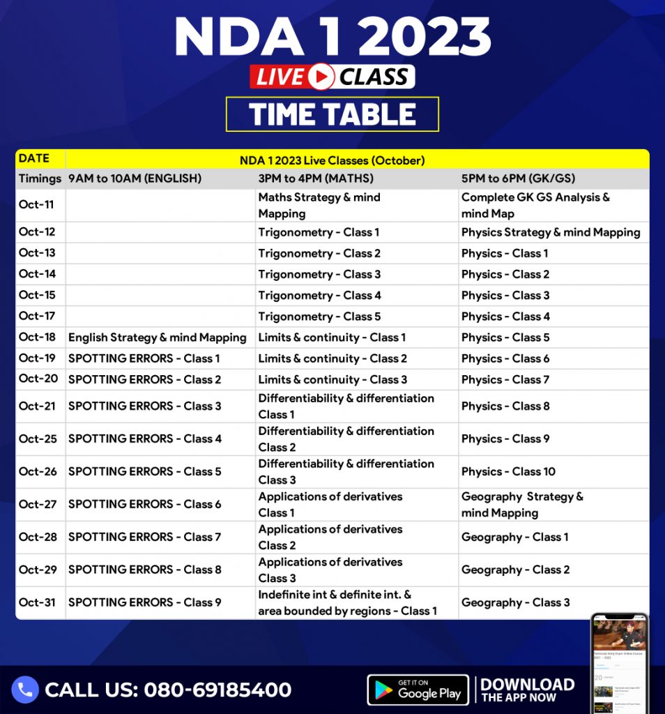 NDA 1 2023 LIVE CLASSES Time Table New 1