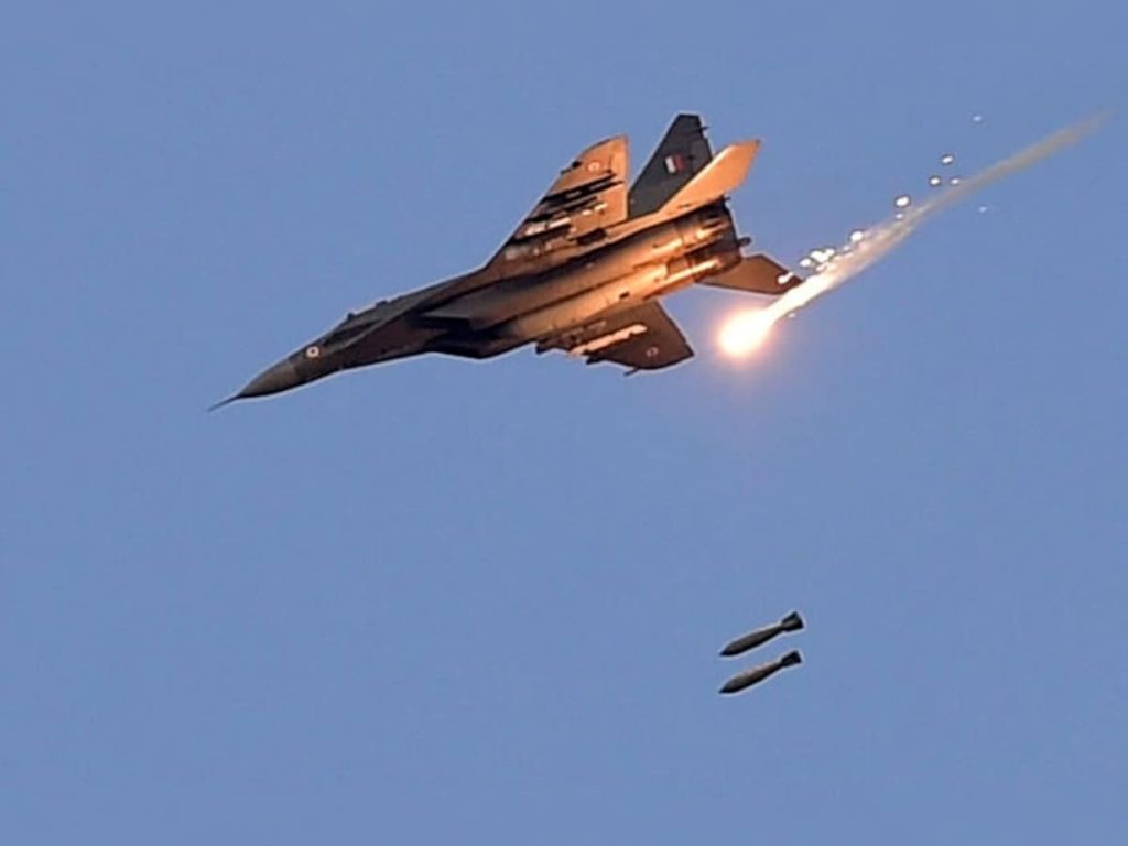 An Indian Air Force IAF MIG 29 releases bombs