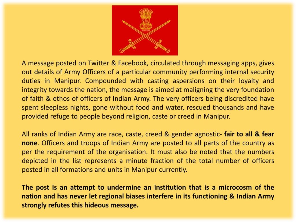 Indian Army Condemns Social Media Leaks on Meitei officers posted in Manipur