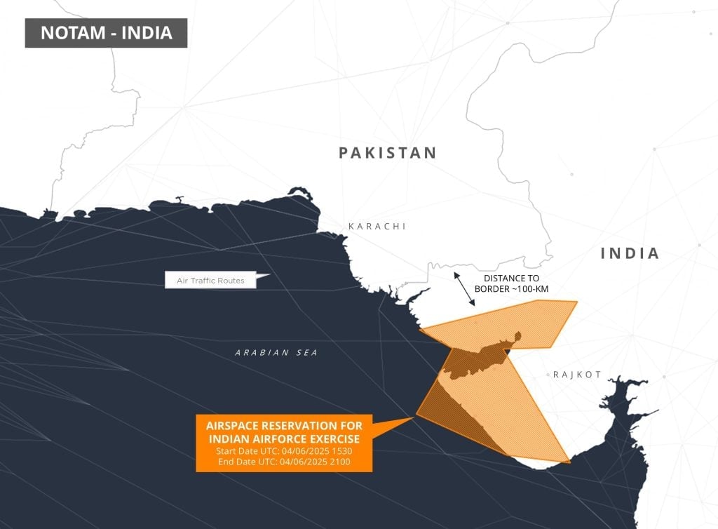 Indian Air Force Reserves Airspace for One-Day Exercise Near Pakistan Border on June 4