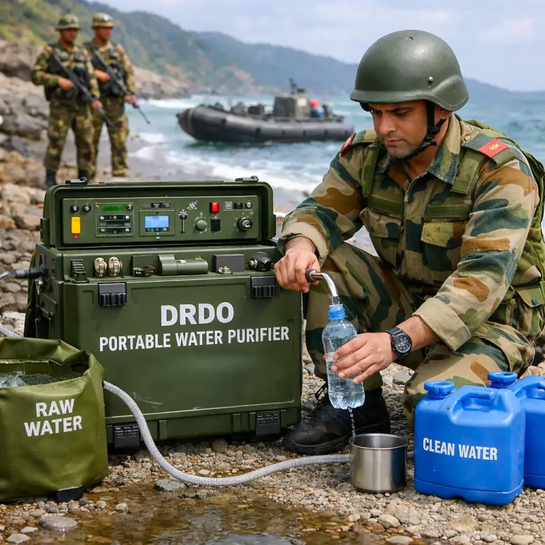 AI Image of Soldier Using Portable Water Purifier