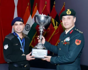 Brigadier Gaurav Kapoor Giving Trophy to Havildar Indresh Singh