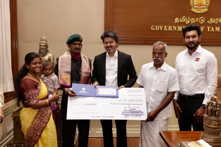 CM Vijay Felicitates Lance Naik A. Meenatchi Sundaram, Presents ₹48 Lakh Cheque