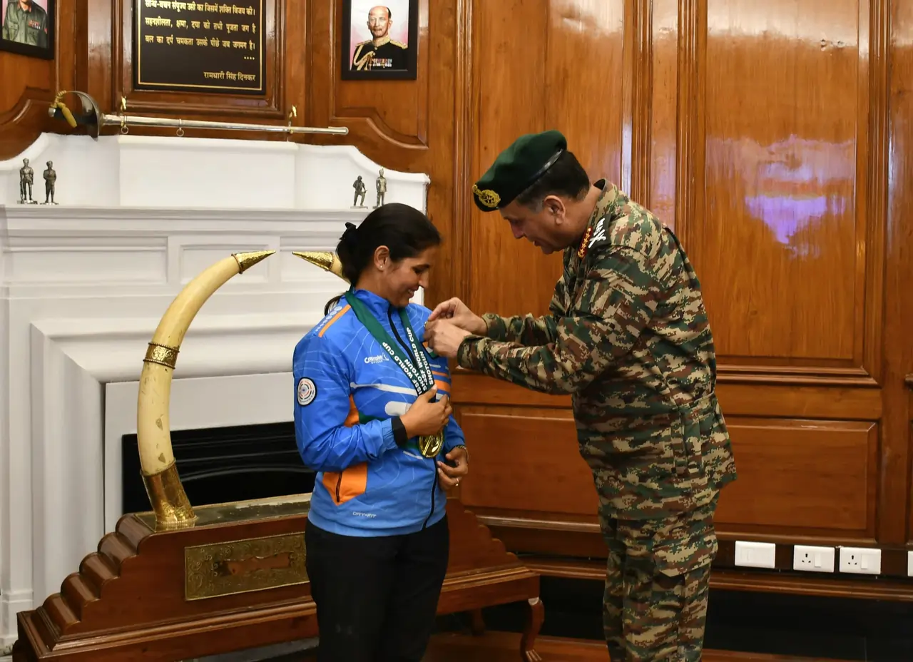 General Dhiraj Seth Felicitates Naib Subedar Neeru Dhanda for Historic ISSF World Cup Gold